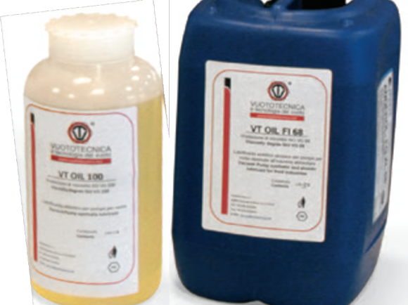 Two bottles of lubricating oil for photographic equipment on a white background. The bottles have red and white labels with the logo of VT OIL, a brand of VUOTOTECNICA. The smaller bottle is white and the larger bottle is blue. The smaller bottle has the product name VT OIL 100 and the larger bottle has the product name VT OIL F1 68